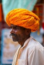 Pushkar, India - August 21, 2009: portrait of an old with moustache and turban in the city of Pushkar in India