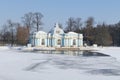 Ancient pavilion Grotto in February landscape. Catherine Park, Tsarskoye Selo