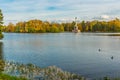 PUSHKIN, ST. PETERSBURG, RUSSIA - OCTOBER 21, 2024: The Chesma Column. View of Catherine Park and the pond in autumn Royalty Free Stock Photo