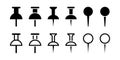 Pushpin icon set. Thumbtack icon collection. Drawing pin in glyph and outline. Thumb tack symbol in black