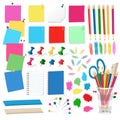 Pushpins, pins, thumbtacks, paper stickers, pencils - Office supplies vector on white background. Royalty Free Stock Photo