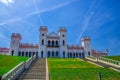 Puslowski palace castle building in Kosava Kossovo with staircase and green lawn in sunny summer day Royalty Free Stock Photo