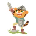 Puss in boots fairy tale character. Tiger with a sword, shield and helmet. Cat in a costume of a medieval warrior, knight. Vector Royalty Free Stock Photo