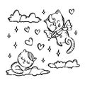 PUSSICAT ON CLOUD Valentine Monochrome Vector Illustration Set