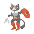 Pussy in Boots Holding Fish as Fabulous Medieval Character from Fairytale Vector Illustration