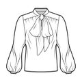 Pussy-bow blouse technical fashion illustration with oversized body, loose fit, long bishop sleeves.