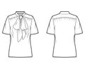 Pussy-bow blouse technical fashion illustration with oversized body, loose fit, short sleeves.