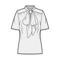 Pussy-bow blouse technical fashion illustration with oversized body, loose fit, short sleeves.