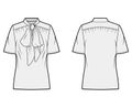 Pussy-bow blouse technical fashion illustration with oversized body, loose fit, short sleeves.