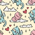 PUSSY ON CLOUD Valentine Seamless Pattern Vector Illustration Royalty Free Stock Photo