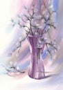 Pussy-willow branches in the violet glass vase. Watercolor