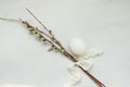 willow twigs and white egg on white cotton fabric, Easter concept, purity, minimalistic