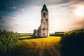 Church ruins in Hungary in the middle of a cornfield. She stands on Lake Balaton in Somogyvamos, photographed romantic sunset Royalty Free Stock Photo