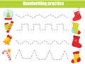 Put gifts in Christmas stockings. handwriting practice sheet. Educational children game. Preschool Tracing for kids and toddlers