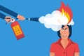 Put out head fire. A man with a fire extinguisher extinguishes a fire in a burning brain