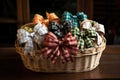 put together selection of holiday bows in a wicker basket