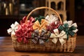 put together selection of holiday bows in a wicker basket