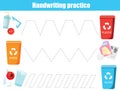 Put trash in bin. handwriting practice sheet. Educational children game. Preschool Tracing for toddlers. Waste sorting theme for