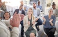 Put your hands together for that. a group of businesspeople clapping hands in a meeting at work. Royalty Free Stock Photo