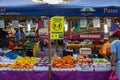Putrajaya, Malaysia - October 16, 2020: The fresh market in Putrajaya, near the capital Kuala Lumpur, is busy. A sign with