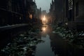 The putrid canal filled with garbage and wastewater, with murky green water. AI Generated