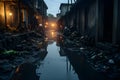 The putrid canal filled with garbage and wastewater, with murky green water. AI Generated Royalty Free Stock Photo