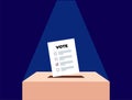 Puts voting ballot in ballot box. Voting and election concept. Vector illustration