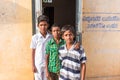 PUTTAPARTHI, ANDHRA PRADESH, INDIA - JULY 9, 2017: Portrait of three indian boys. Close-up.