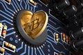 Putting Bitcoin Into Coin Slot On Blue Motherboard And Creating Heart Shape With Reflection