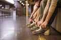 Putting on bowling shoes Royalty Free Stock Photo