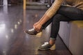 Putting on bowling shoes Royalty Free Stock Photo