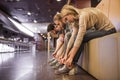 Putting on bowling shoes Royalty Free Stock Photo