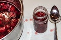 Putting cooked strawberyes in the glass jars - shugar adiction Royalty Free Stock Photo