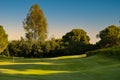 Putting green on golf course to practice the putter golf shot. Training area with many holes with flags Royalty Free Stock Photo