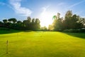Putting green on golf course to practice the putter golf shot. Training area with many holes with flags Royalty Free Stock Photo