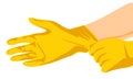 Putting latex on gloves. Protective latex yellow gloves. Symbol of protection against viruses and bacteria. Cartoon