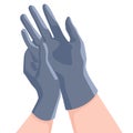 Putting latex surgical gloves on white isolated backdrop for social banner or web element.