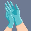 Putting medical latex gloves on grey backdrop for social banner.