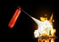 Putting out flame with fire extinguisher on dark background