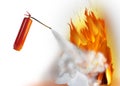 Putting out flame with fire extinguisher on white background Royalty Free Stock Photo