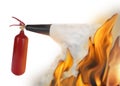 Putting out flame with fire extinguisher on white background Royalty Free Stock Photo