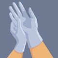 Putting on surgeon latex gloves on grey backdrop for social banner or website.