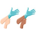 Putting on surgical glove on white isolated backdrop for social banner.
