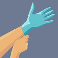 Putting on surgical latex gloves on grey backdrop for social banner.