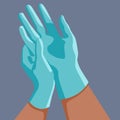 Putting surgical latex gloves on grey backdrop for web element.