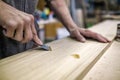 Putty knife in man hand. Removing holes from a wood surface.