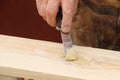 Putty knife in old man`s hand. Removing paint from a wood surface. Preparation of boards before impregnation with