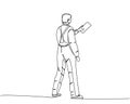 Puttying walls, leveling walls, worker in uniform, spatula, Steel Trowel, painter-plasterer one line art. Continuous