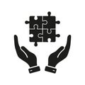 Puzzle Combination and Human Hand Solid Sign. Idea, Strategy, Problem Solving, Solution Glyph Pictogram. Jigsaw Pieces