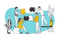 Puzzle concept. Teamwork and business partnership metaphor with cartoon workers holding puzzle elements. Vector building